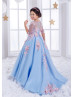 Elbow Sleeves Sky Blue Tulle Pink 3D Floral Appliques Flower Girl Dress